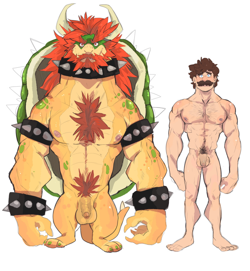 2boys bara beard bowser flaccid full_body horn looking_at_viewer luigi male male/male male_only mario_(series) multiple_boys nintendo nipples penis pubic_hair scullvi simple_background standing testicles white_background