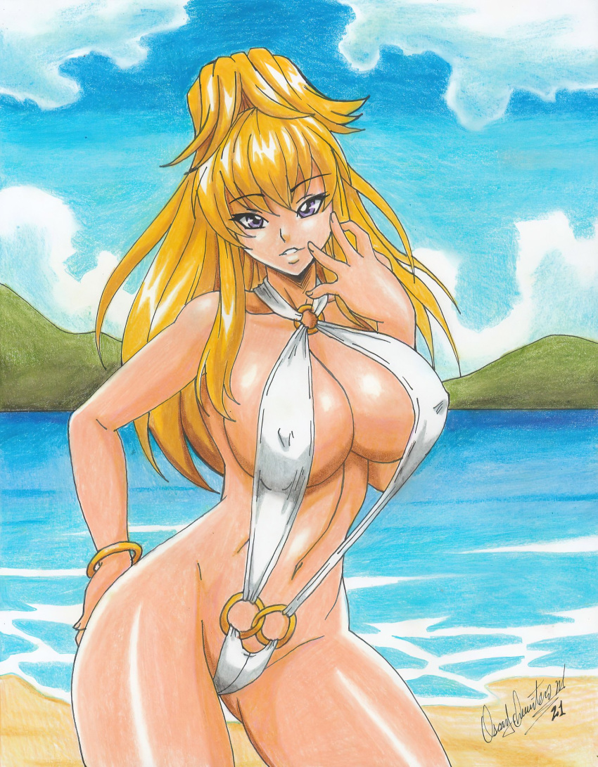 1girls 2021 beach big_breasts blonde_hair breasts gravion huge_breasts nipple_bulge pencil_(artwork) purple_eyes ravern_clouk sling_bikini solo solo_female swimsuit tachibana_mizuki tagme thick thick_thighs thighs thunder_thighs