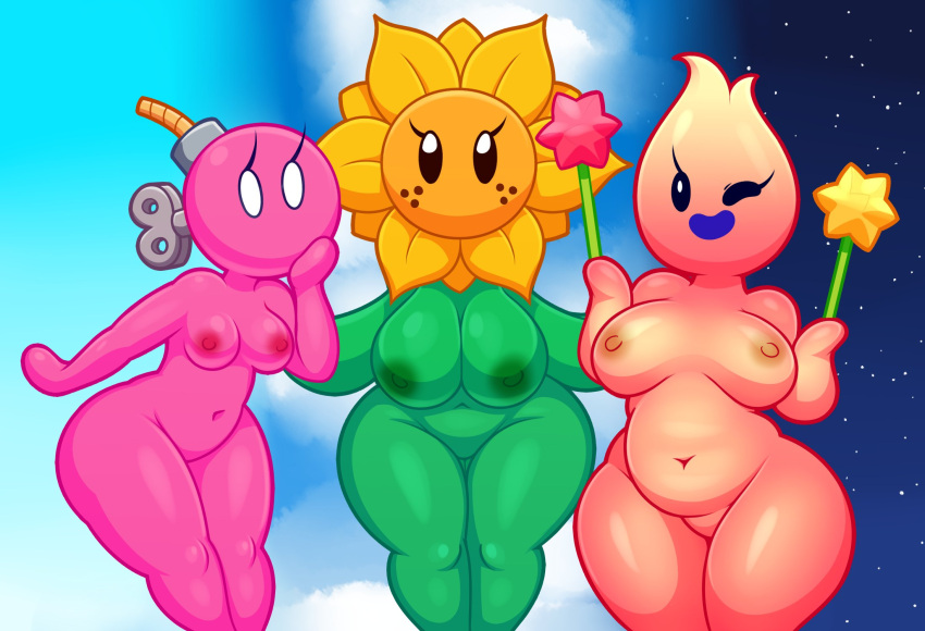 2020 acstlu anthro black_eyes bob-omb bob-omb_buddy bomb breasts digital_media_(artwork) edit elemental_creature elemental_humanoid explosives featureless_crotch female flora_fauna flower flower_girl freckles green_body green_skin group hi_res humanoid hungry_luma luma mario_(series) nintendo nipples nude one_eye_closed paper_mario pink pink_body pink_skin plant plant_girl plant_humanoid slightly_chubby star sunflower sunflower_kid super_mario_galaxy super_mario_sunshine thick_thighs video_games white_eyes wink