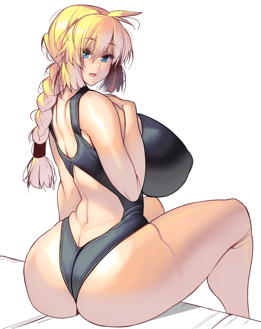 ahoge ass_cleavage big_ass big_breasts black_swimsuit blonde_hair blue_eyes braid braided_hair butt_crack female female_only freckles huge_ass huge_breasts long_hair looking_at_viewer looking_back masao one-piece_swimsuit original sideboob single_braid sitting smile swimsuit thick_thighs