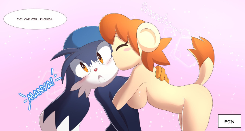 anthro apinkgrape blush dialogue kissing klonoa klonoa_(series) lolo_(klonoa) side_profile sideboob