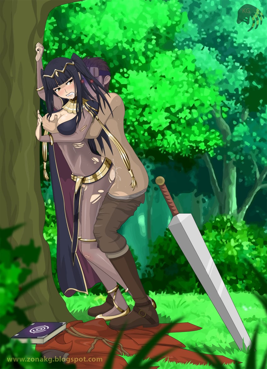 1boy 1girls against_surface against_tree black_hair bodystocking bodysuit bra breast_grab bridal_gauntlets cape cfnm circlet cleavage clenched_teeth female fire_emblem fire_emblem_awakening forced forest from_behind loincloth male nintendo outdoor rape risen_(fire_emblem) sex standing standing_sex sword tharja_(fire_emblem) torn_bodysuit torn_clothes weapon yellow_eyes