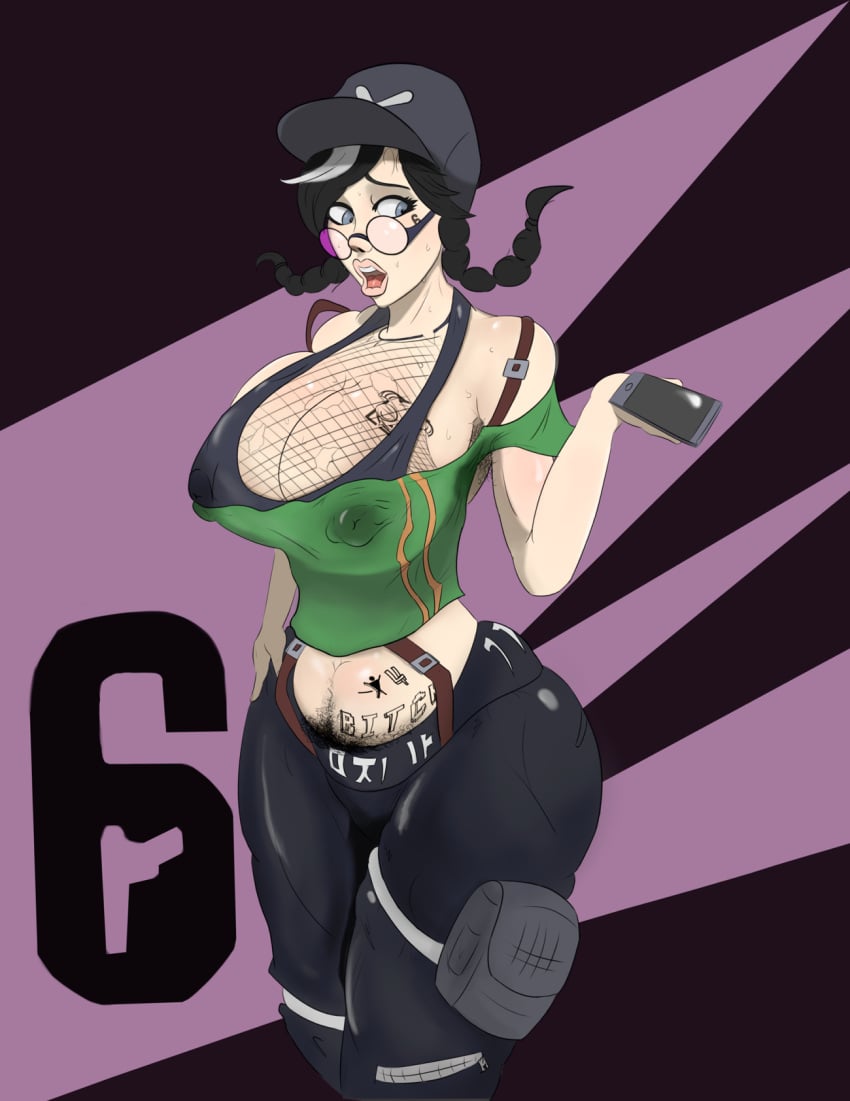 armpit_hair big_breasts body_hair bush cap confused dokkaebi_(rainbow_six) female female_only looking_over_eyewear looking_over_glasses looking_over_sunglasses pants phone pubic_hair purple-tinted_eyewear rainbow_six rainbow_six_siege solo sunglasses sweat sweatdrop sweaty sweaty_breasts tattoo tattoos tinted_eyewear tshirt whitesuffering writing_on_body writing_on_skin