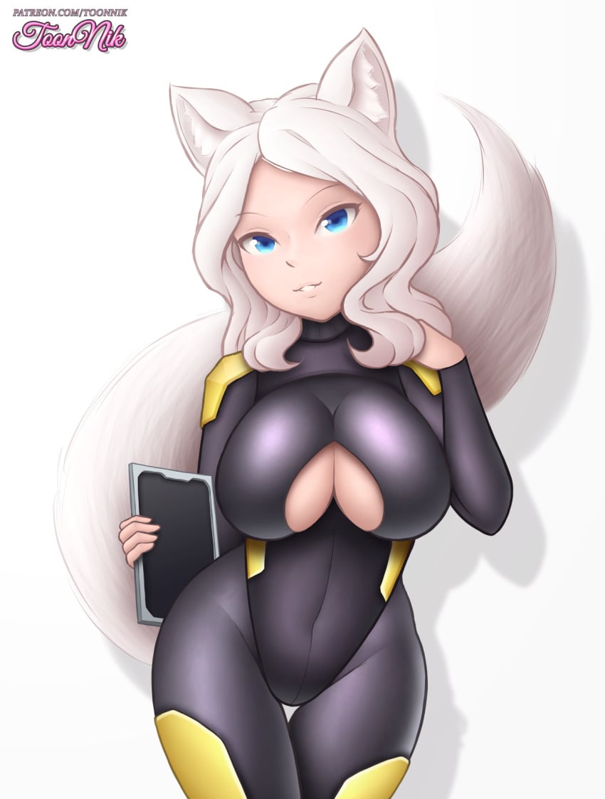 animal_ears anno_dorna blue_eyes breasts tail thick_thighs trials_in_tainted_space white_background white_fur white_hair