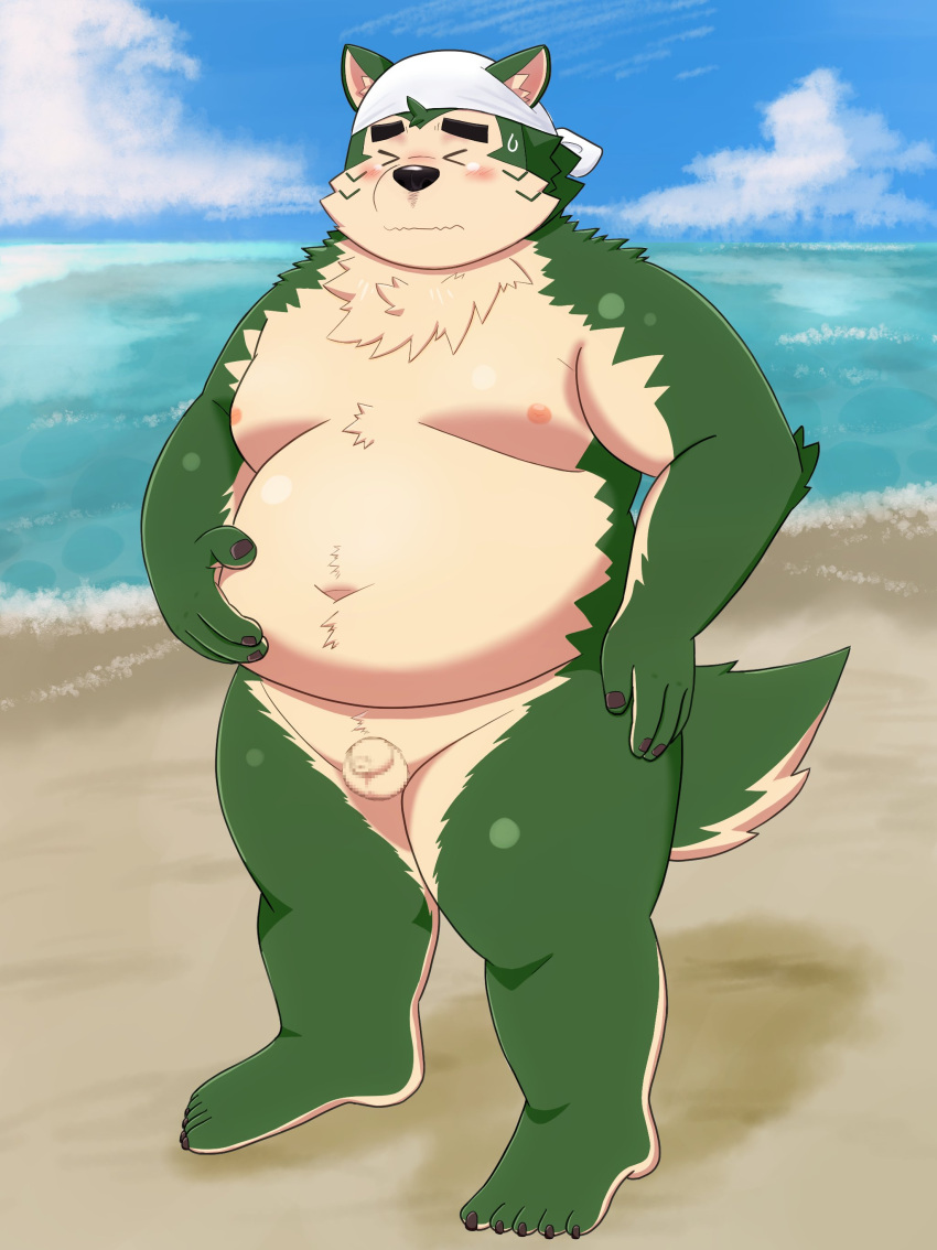 2021 absurd_res anthro balls beach belly black_nose blush canid canine canis censored closed_eyes domestic_dog flaccid fur genitals green_body green_fur hi_res humanoid_hands kemono live-a-hero male mammal mokdai moobs navel nipples outside overweight overweight_male penis seaside small_penis solo video_games water yaki_atsuage