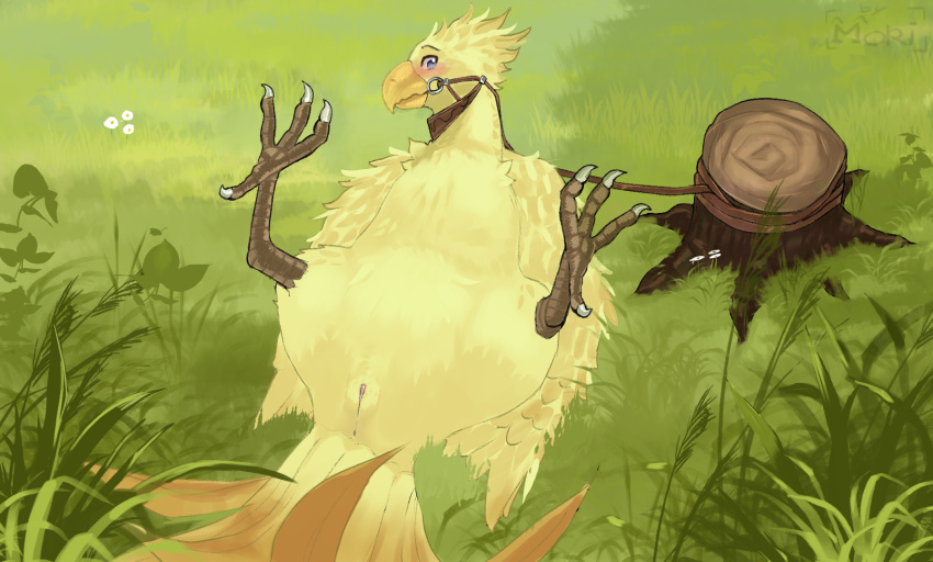 animal_genitalia avian bird blue_eyes blush bound chocobo claws cloaca detailed_background feathered_wings feathers feet feral final_fantasy genitals herrmoki hi_res looking_pleasured lying male on_back penis reins solo square_enix tail_feathers tapering_penis tree_stump video_games wings