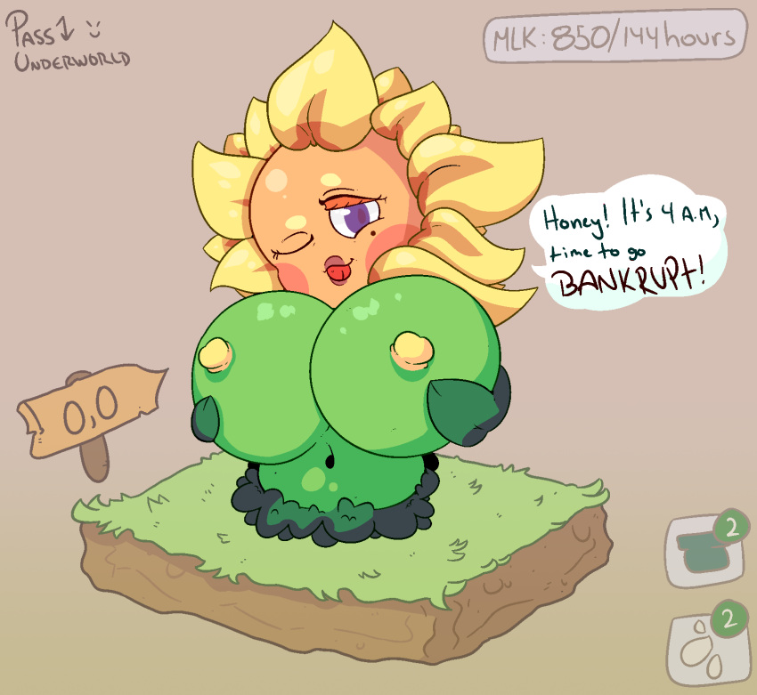 anthro big_breasts big_eyes dialogue female female_focus female_only green_body green_skin humanoid mature mature_female nipples passunderworld petals plant plant_humanoid shortstack solo solo_female solo_focus sunflower text