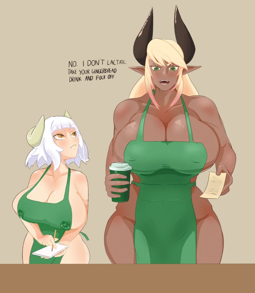 2girls angry apron chocolate_and_vanilla dark-skinned_female dark_skin english_text erilsa_(leadleaf) final_fantasy final_fantasy_xiv horns huge_breasts iced_latte_with_breast_milk lactating lactation lactation_through_clothes leadleaf light-skinned_female light_skin looking_at_partner looking_at_viewer meme muscular_female roegadyn size_difference