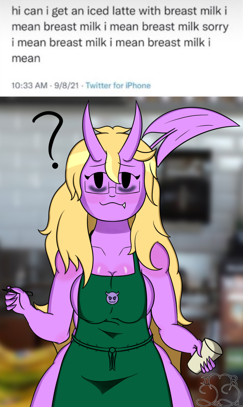 apron apron_only blonde_hair demon demon_girl demon_horns demon_tail glasses horns iced_latte_with_breast_milk itmerobin meme purple_skin tail wide_hips