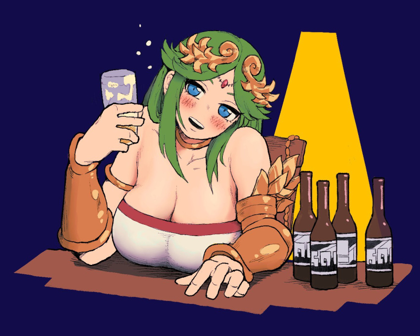 1girls alcohol alcoholic_drink armband armor bare_shoulders beer beer_bottle big_breasts blue_eyes blush bottle breasts cleavage clothing collarbone cup drunk drunk_bubbles female female_only forehead_jewel gauntlets green_hair hachinos_ssb head_tilt holding_cup holding_object horny jewelry kid_icarus large_breasts light-skinned_female light_skin long_hair looking_at_viewer necklace nintendo open_mouth palutena simple_background solo spotlight table tagme