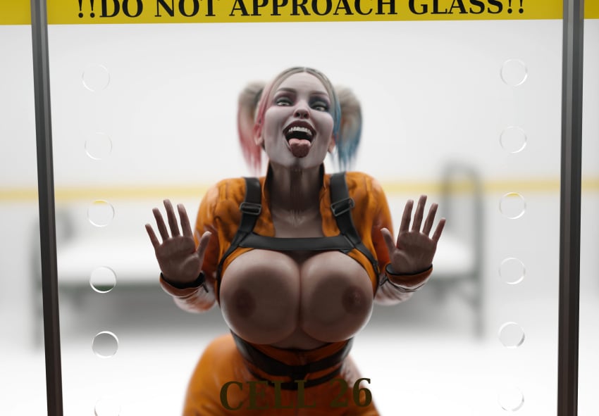 1girls 3d against_glass areolae batesz batman_(series) big_breasts blonde_hair boobs breast_squish breasts breasts_against_glass breasts_out dc dc_comics female female_only glass harley_quinn harley_quinn_(injustice) hips huge_breasts injustice_2 large_breasts licking light-skinned_female light_skin looking_at_viewer multicolored_hair nipples open_clothes open_mouth partially_nude pigtails prison_jumpsuit prisoner showing_breasts smile solo teeth tongue tongue_out twintails wide_hips