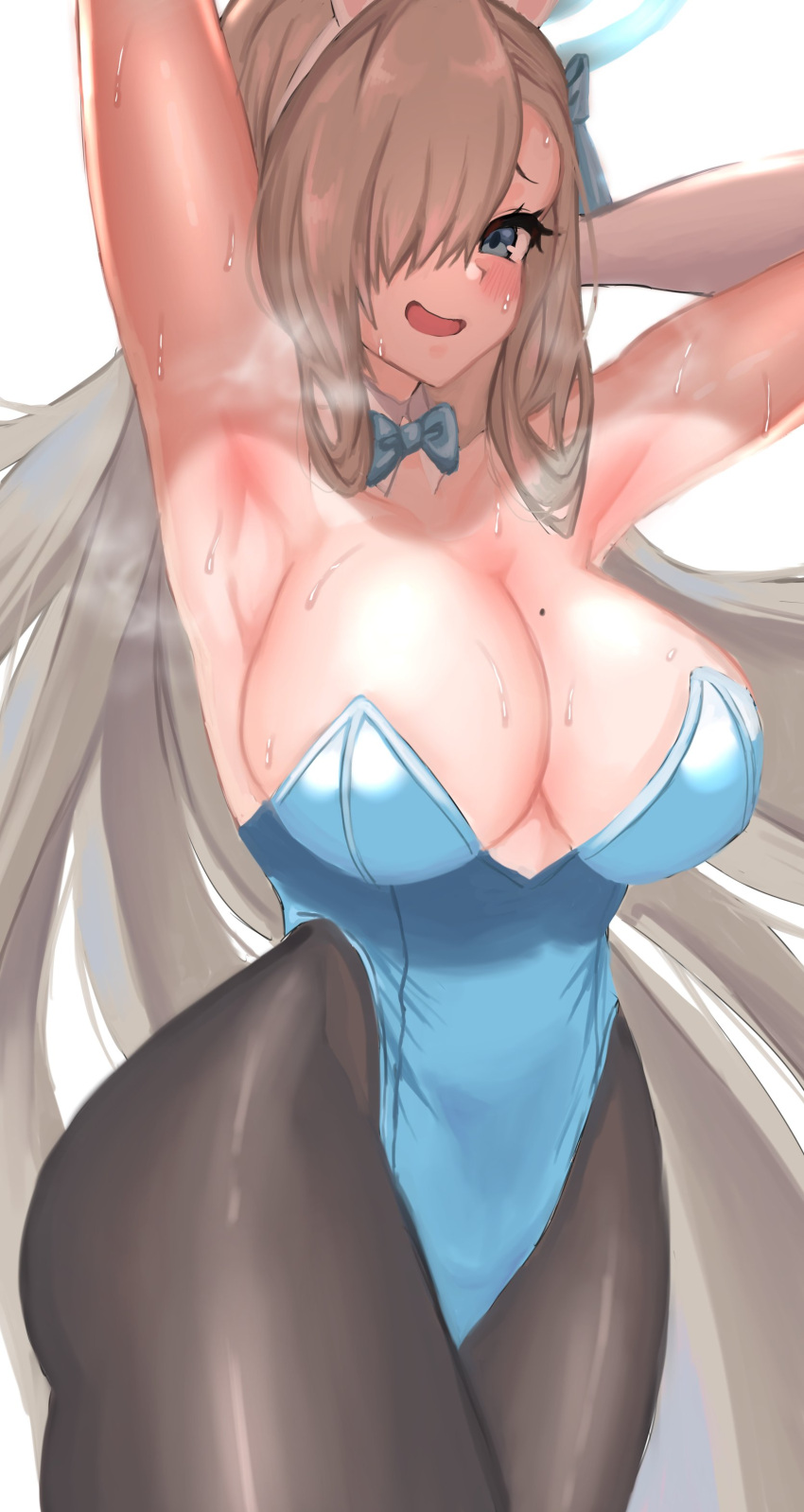 1girls alternate_breast_size armpits asuna_(blue_archive) asuna_(bunny)_(blue_archive) big_breasts blue_archive breasts bunny_ears bunnysuit female large_breasts leotard mana_nzmr millennium_science_school_student pantyhose sexy_armpits solo standing sweat sweaty sweaty_armpits thick_thighs thighs wide_hips