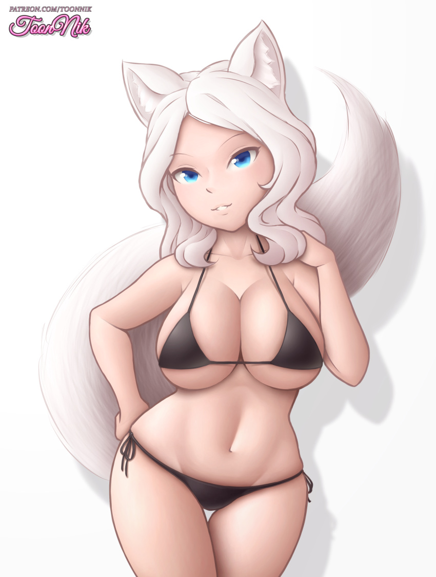 animal_ears anno_dorna bikini blue_eyes breasts tail thick_thighs trials_in_tainted_space white_background white_fur white_hair