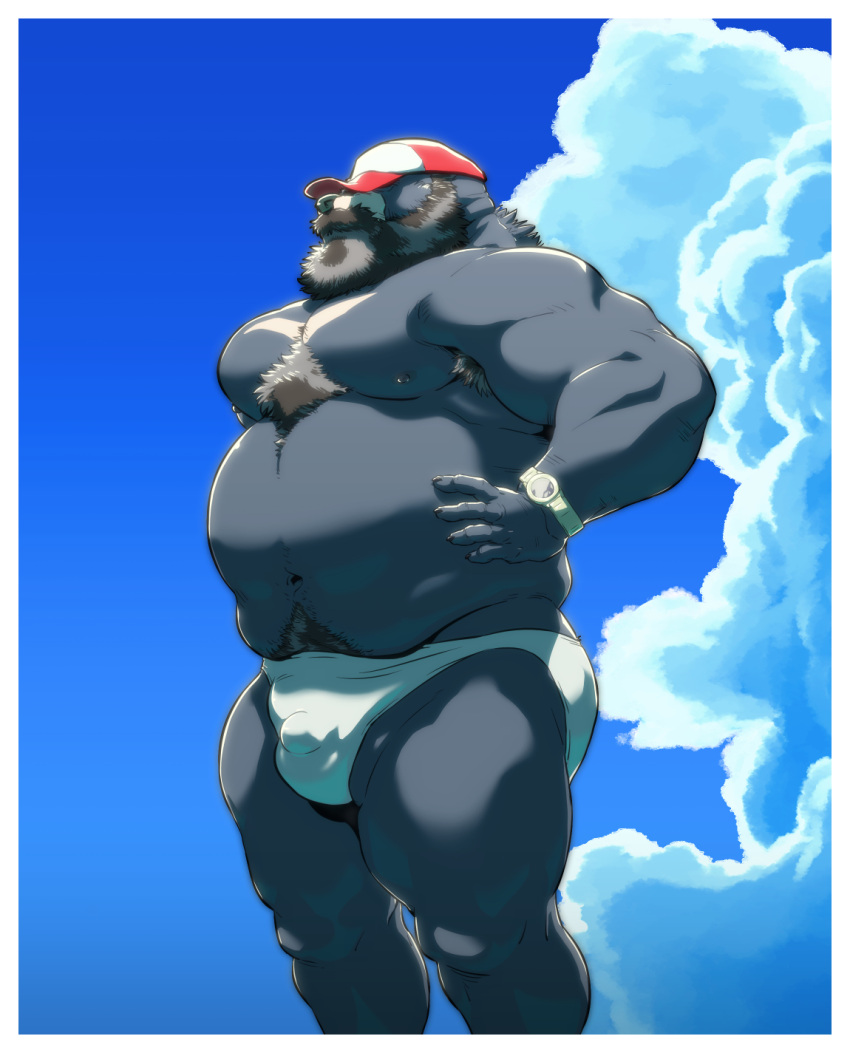 2022 anthro armpit_hair beard body_hair bulge clothing cloud facial_hair hat headgear headwear hi_res humanoid_hands kemono male mammal musclegut nipples outside overweight overweight_male solo swimwear tetsuo_oshiba underwear ursid