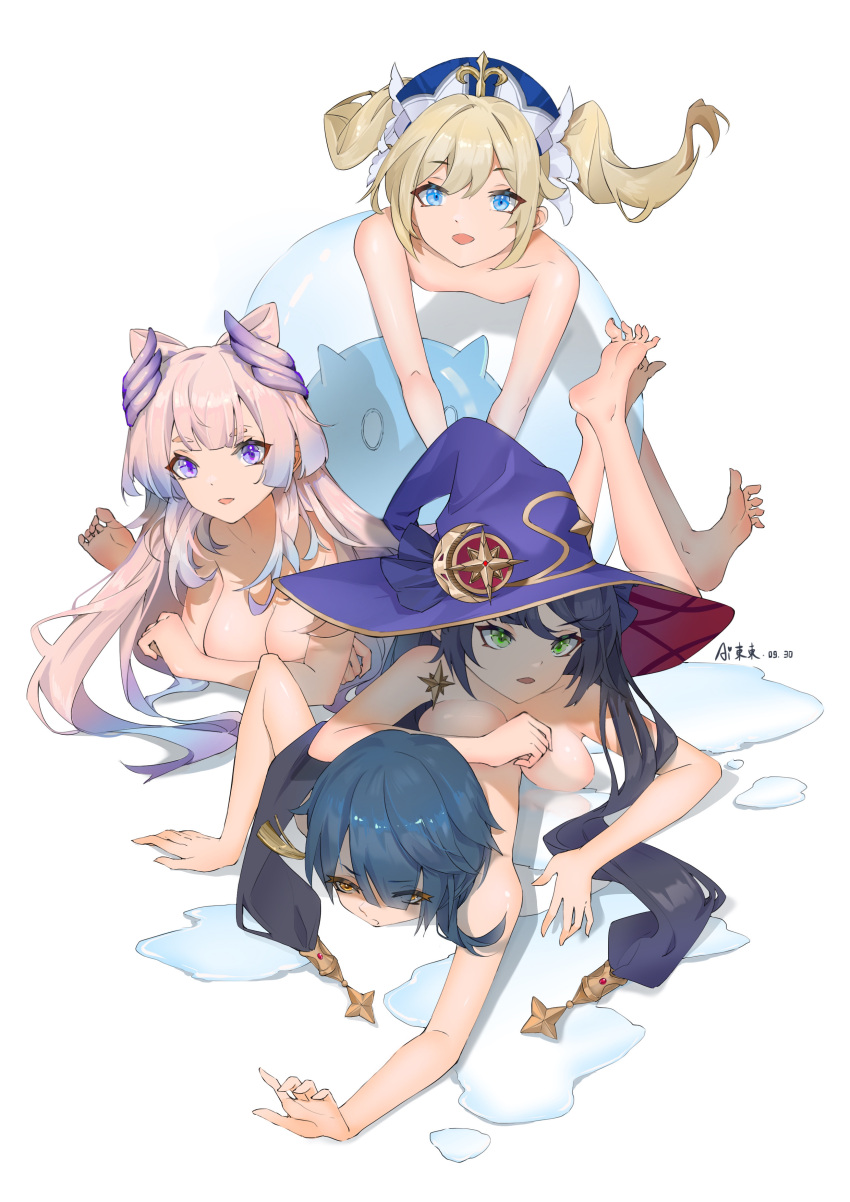 1boy 3girls ai_dongdong barbara_(genshin_impact) big_breasts black_hair blonde_hair blue_eyes blue_hair blush breasts female femboy genshin_impact green_eyes male mona_(genshin_impact) multiple_girls nun pink_hair purple_eyes purple_hair sangonomiya_kokomi slime_monster small_breasts trap twin_drills twintails wet xingqiu_(genshin_impact) yellow_eyes