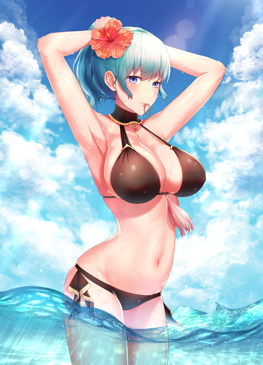 1girls absurdres adjusting_hair alternate_costume alternate_hairstyle armpits bikini black_bikini black_swimsuit blue_eyes blue_hair blush breasts byleth_(fire_emblem) byleth_(fire_emblem)_(female) byleth_(summer)_(fire_emblem)_(female) cleavage commentary_request fire_emblem fire_emblem:_three_houses fire_emblem_heroes flower hair_flower hair_ornament halterneck hibiscus highres large_breasts navel nintendo ocean official_alternate_costume partially_submerged partially_underwater_shot parupome ponytail sideboob solo swimsuit underwater wading wet