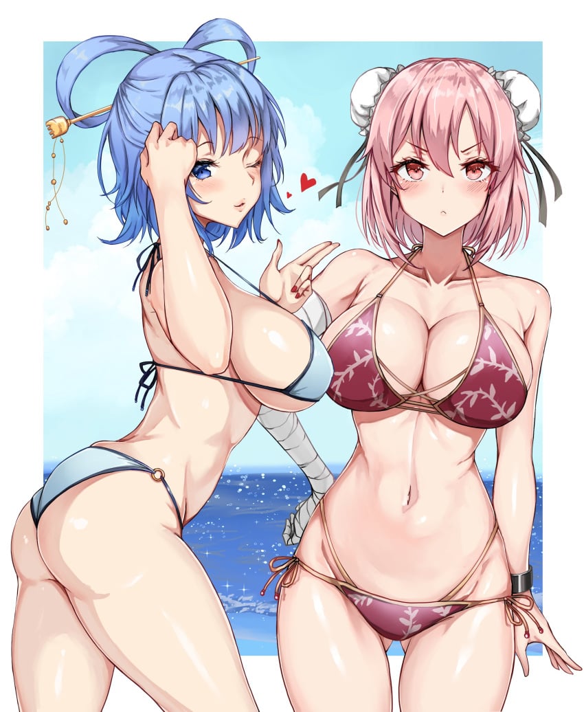 2girls amagi_(amagi626) bandaged_arm bandages beach big_breasts bikini blue_eyes blue_hair blush breasts bun_cover cleavage double_bun female female_only hair_ornament hair_rings hair_stick highres kasen_ibaraki large_breasts looking_at_viewer medium_hair navel ocean pink_eyes pink_hair seiga_kaku sideboob smile swimsuit touhou underboob