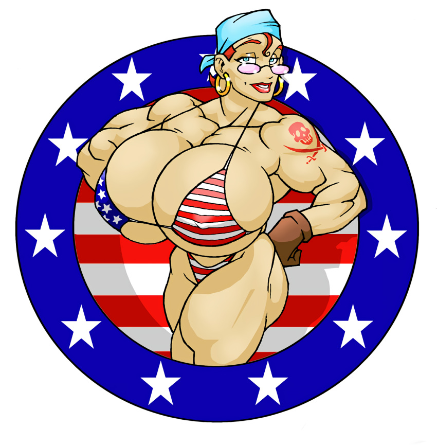 arms_on_waist big_breasts bikini breasts_bigger_than_head huge_breasts looking_at_viewer patriotic_clothing pirate red_hair smiling tattoo