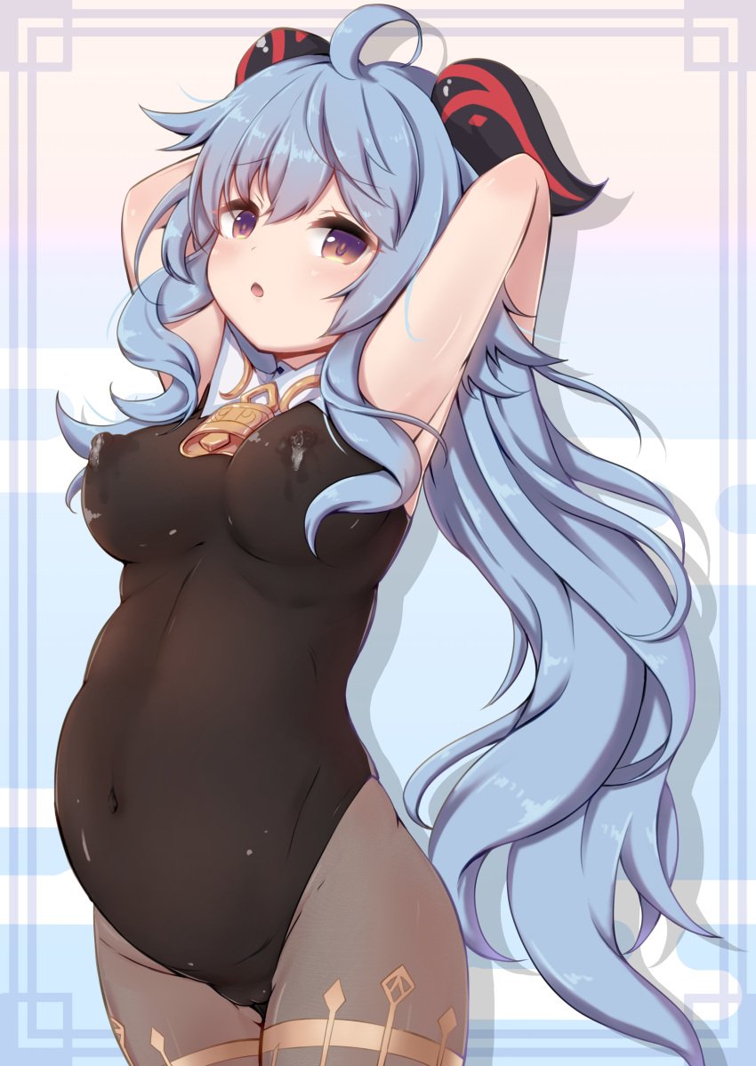 1girls adeptus big_breasts blue_hair blush breasts cowbell ganyu_(genshin_impact) genshin_impact horns lactation lactation_through_clothes mellpon milk nipple_bulge nipples pregnant pregnant_belly purple_eyes qilin tight_clothing