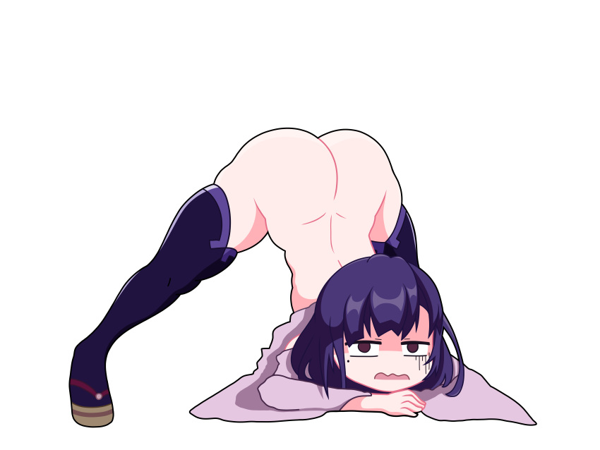 1girls absurdres angry_expression ass ass_up bent_over big_ass bottomless embarrassed embarrassment exposed_back female genshin_impact highres jack-o_pose looking_at_viewer purple_eyes purple_hair raiden_shogun thighhighs top-down_bottom-up un unhappy