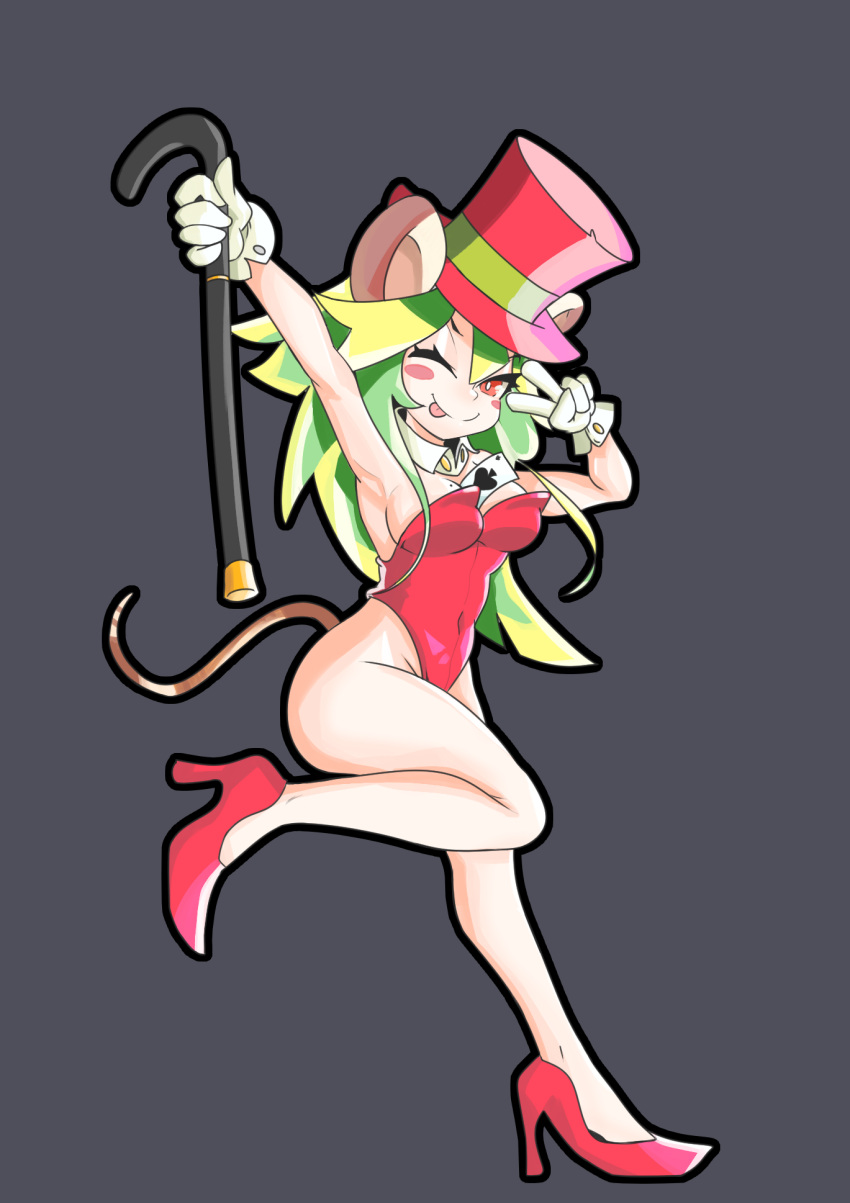 anthro card fanart foreign_gentle green_hair leotard leotard_under_clothes mad_rat_dead rat_god rat_god_(mad_rat_dead) rat_tail red_clothing red_eyes top_hat