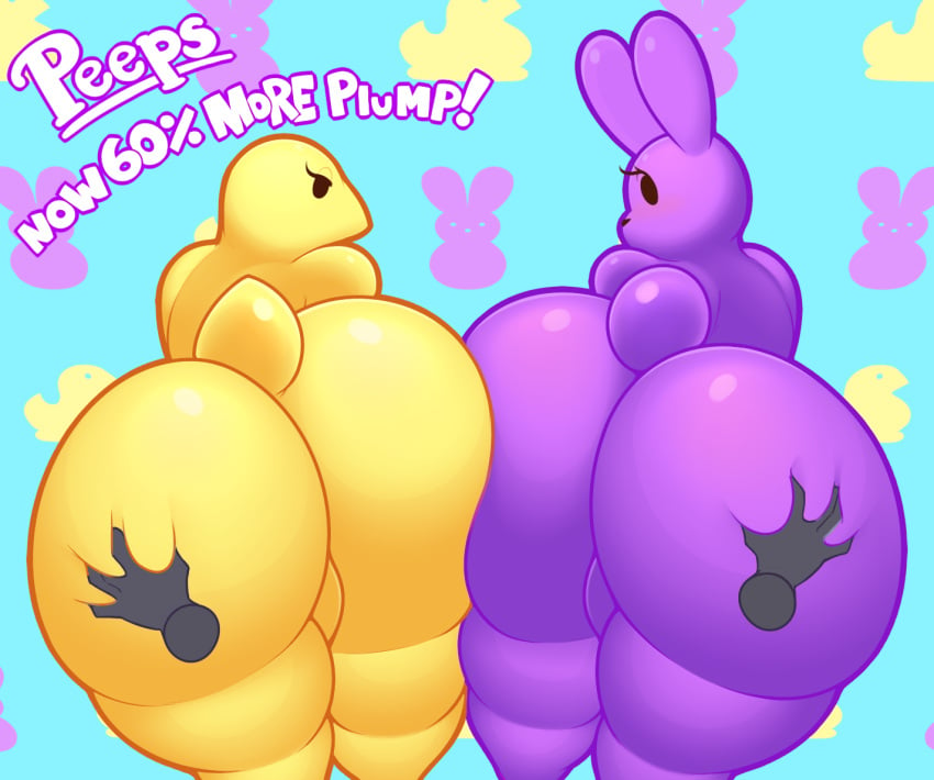 2019 acstlu ambiguous_gender anthro anthrofied ass ass_dough ass_to_ass avian belly big_belly big_breasts big_butt biped bird breasts butt_grab butt_squish candy canid canine clothing curvy_figure deep_skin dessert digital_media_(artwork) disembodied_hand duo duo_focus english_text food food_creature fox grope group hand_on_butt huge_butt huge_hips lagomorph leporid looking_back mammal nude overweight overweight_ambiguous peeps phurcy rabbit rear_view squish standing text thick_thighs voluptuous wide_hips