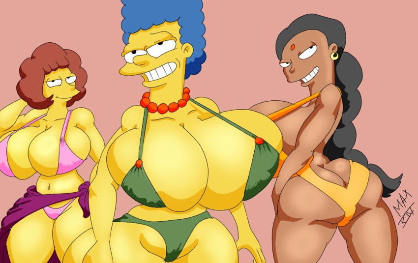 alternate_breast_size ass_cleavage breasts butt_crack cleavage female huge_breasts large_breasts manjula_nahasapeemapetilon marge_simpson maude_flanders maxtlat milf sex the_simpsons trio yellow_skin