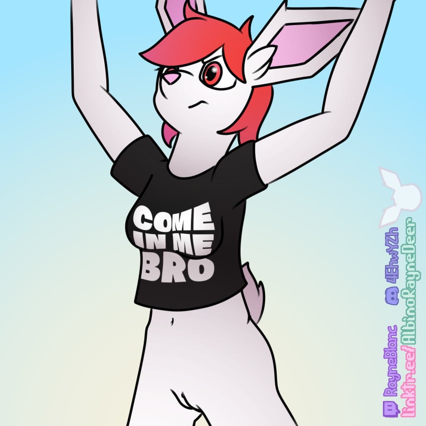 1:1 albinoraynedeer anthro bottomless bottomless_female breasts capreoline cervid challenging clothed clothing come_at_me_bro english_text female fur furry furry_only genitals glare hi_res mammal partially_clothed pussy rayne_blanc solo t-shirt-meme tail text topwear white-tailed_deer