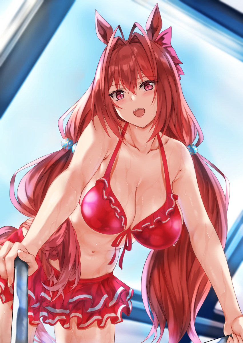 1girls :d animal_ears blush breasts cleavage daiwa_scarlet_(umamusume) female female_focus female_only highres horse_girl large_breasts light-skinned_female long_hair looking_at_viewer navel red_eyes red_hair red_swimsuit sidelocks swimsuit twintails uchida_shou umamusume very_long_hair wet_skin