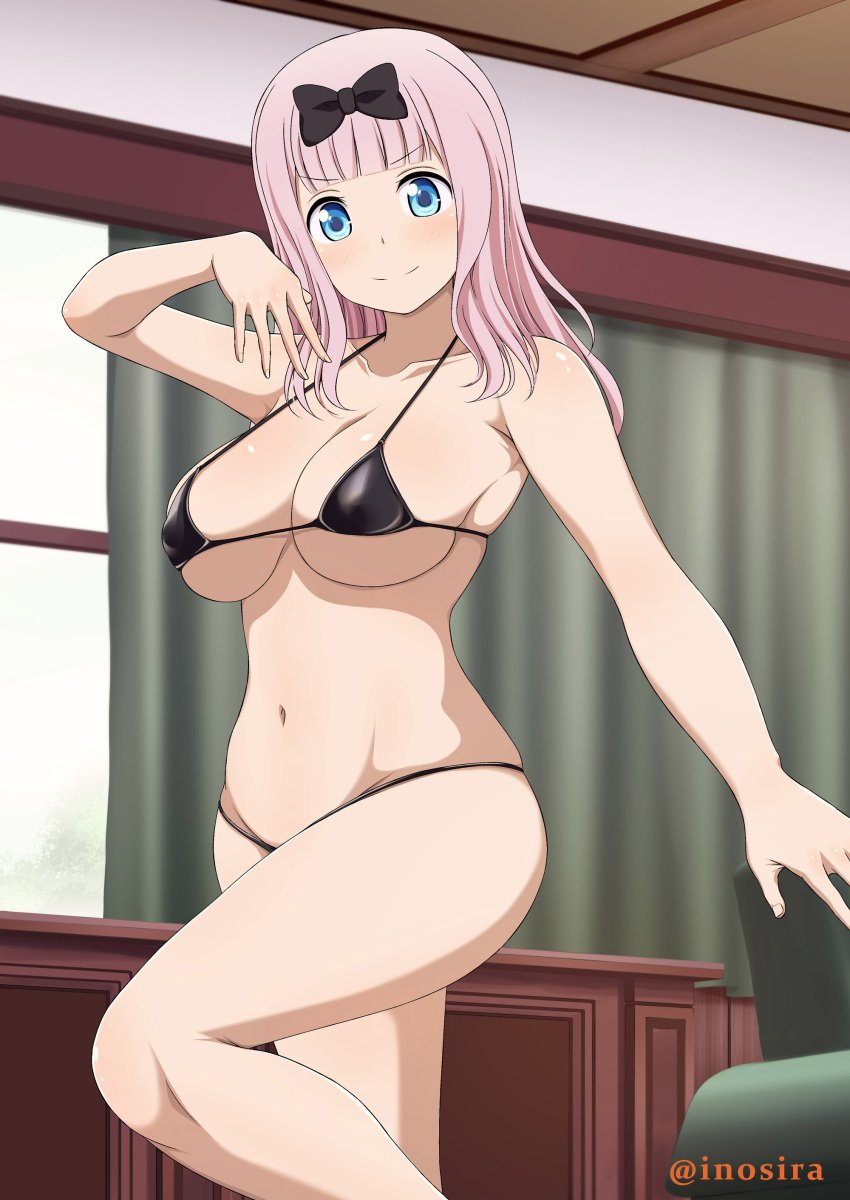 1girls bangs bare_shoulders bikini black_bikini black_bow black_swimsuit blue_eyes blunt_bangs blush body_blush bow breasts clavicle cleavage closed_mouth clothing curtains desk erect_nipples erect_nipples_under_clothes eyebrows_visible_through_hair female foreshortening fujiwara_chika hair_ornament hair_ribbon hairbow hand_up high_resolution indoors inoshira kaguya-sama_wa_kokurasetai_~tensai-tachi_no_renai_zunousen~ large_breasts leg_up long_hair looking_at_viewer micro_bikini navel nipples pink_hair raised_eyebrows ribbon shiny shiny_skin skindentation smile solo standing standing_on_one_leg string_bikini swimsuit thighs underboob very_high_resolution