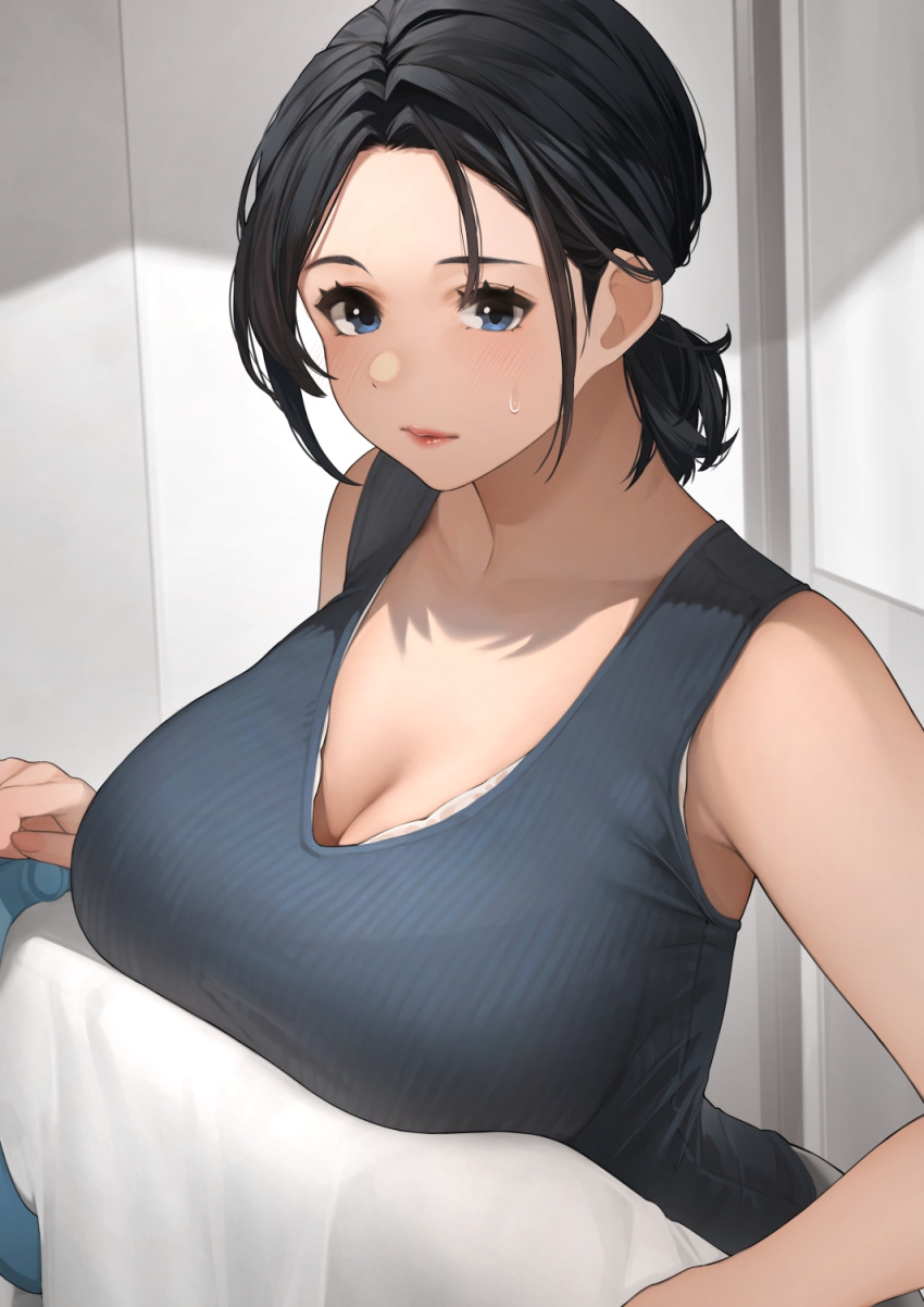 1girls balcony black_hair blue_eyes blush breasts cleavage female female_focus female_only fully_clothed large_breasts married_woman mature_female milf oppai original original_character sakuranotomoruhie short_hair sidelocks tied_hair