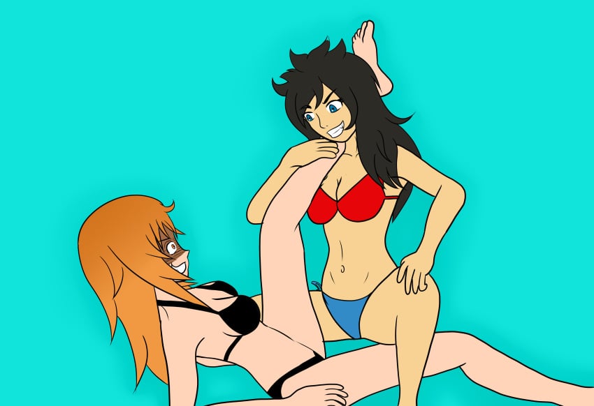 2girls bikini birth_right black_hair blue_background breasts feet feet_up female_only gamo-chan grinning horny kendra_(magnum_oppai) looking_at_another magnum_oppai multiple_girls pinned pinned_down please_don't_bully_me,_nagatoro red_hair simple_background smiling spread_leg's yuri