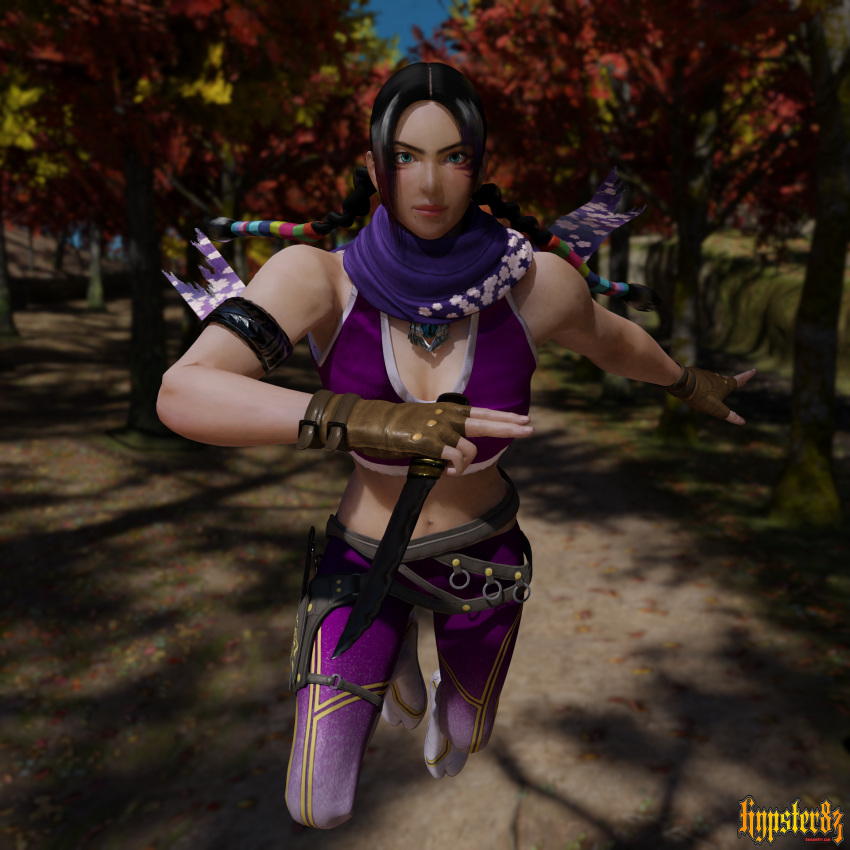 1girls 3d alluring black_and_red_and_purple_hair blue_eyes female female_abs female_only fusion holding_sword hypster83 julia_chang julimitsu kunia kunimitsu_ii kunoichi namco scarf solo tekken tekken_7 voluptuous