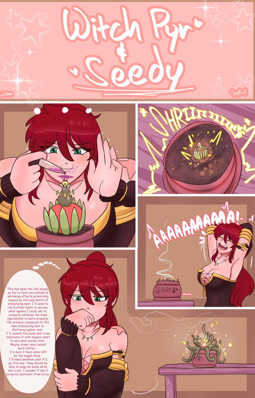 alternate_costume bangs cleavage comic comic_page green_eyes green_eyeshadow imminent_tentacle_sex jo3mfg large_breasts long_hair plant pyrrha_nikos red_hair rwby tagme tentacle tentacle_monster tentacle_sex