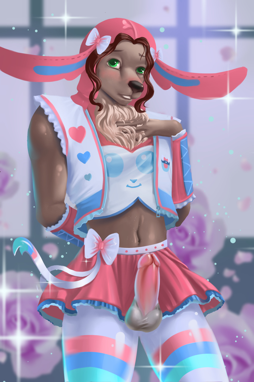 2:3 absurd_res anthro balls black_nose bottomwear bow_tie brown_body brown_fur brown_hair canid canine canis clothing ears_down flower fur genitals girly green_eyes hair hat headgear headwear hi_res levsha male male/male mammal navel penis pink_body pivoted_ears plant ribbons skirt solo wolf