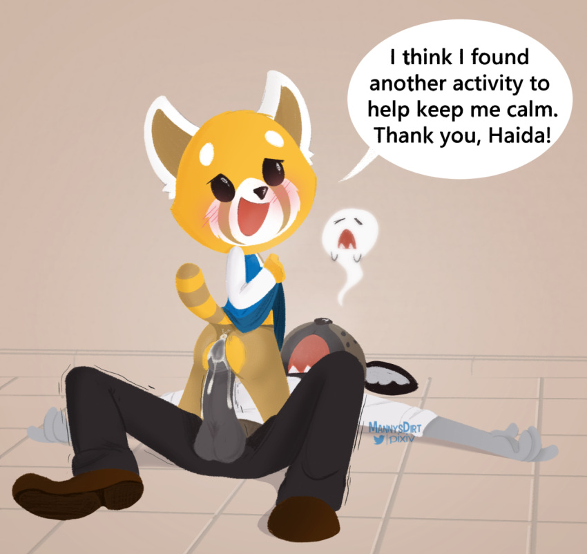 2019 2d aggressive_retsuko ailurid anthro anthro_on_anthro ass balls big_penis blush bodily_fluids clothed clothed_sex clothing cowgirl_position cum cum_drip dialogue dripping duo english_text erection female from_front_position genital_fluids genitals haida hyaenid interspecies male male/female male_on_bottom mammal mannysdirt office_lady on_bottom on_top penis red_panda retsuko sanrio sex smooth_fur speech_bubble spotted_hyena text