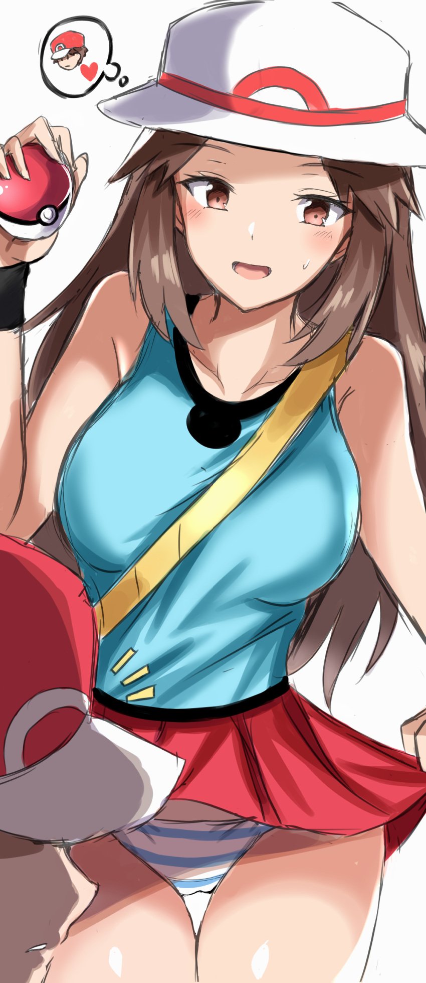 1boy 1girls 2018 absurd_res bag bare_arms bare_shoulders baseball_cap between_breasts blue_panties breasts brown_eyes brown_hair cameltoe clothed clothing eyebrows_visible_through_hair farys_(afopahqfw) female female_focus hat heart highres holding_poke_ball large_breasts leaf_(pokemon) looking_at_another male matching_hair/eyes miniskirt nintendo open_mouth panties pantyshot pantyshot_(standing) poke_ball pokeharlot pokemon pokemon_frlg pokemon_rgby red_(pokemon) shaded_face shirt simple_background skirt smile spoken_character spoken_heart standing striped striped_panties stripes sun_hat sweat sweatdrop tank_top thigh_gap thighs thought_bubble tongue underwear white_background white_panties wristband