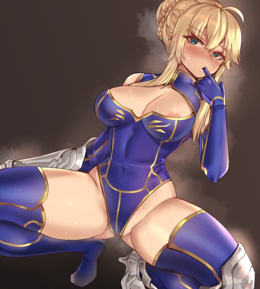 1girls 2020 absurdres ahoge areola_slip areolae armor armored_boots artoria_pendragon artoria_pendragon_(fate) artoria_pendragon_(lancer) artoria_pendragon_(lancer)_(fate) bangs blonde_hair blue_gloves blue_legwear blush boots braid braided_bun breasts brown_background cleavage cleavage_cutout clothing_cutout clyde_s covered_navel elbow_gloves eyebrows_visible_through_hair fate/grand_order fate_(series) female female_focus female_only finger_sucking gauntlets gloves gold_trim green_eyes hair_bun highres large_breasts partially_visible_vulva sidelocks solo solo_female solo_focus spread_legs squatting sweat thighhighs