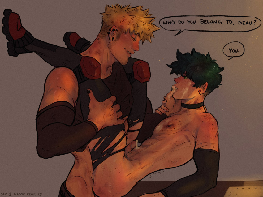 2boys anal anal_sex armwear bite_mark blonde_hair bodily_fluids cum desk dialogue english_text eye_contact feet_up finger_to_mouth gay genital_fluids genitals green_hair hand_on_thigh holy_arts izuku_midoriya katsuki_bakugou knee_pads legs_over_partner's_shoulders legs_up legwear looking_at_partner male male/male male_penetrated male_penetrating male_penetrating_male my_hero_academia on_desk penis ripped_clothing shoes speech_bubble spiky_hair text thigh_grab yaoi