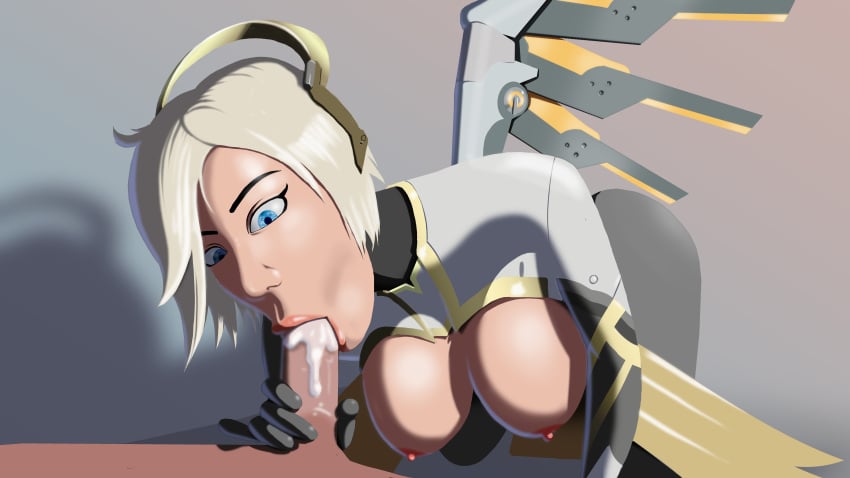 blonde_hair blowjob blue_eyes breasts breasts_out cum cum_in_mouth cum_inside faceless_male fellatio female female_focus large_breasts lips looking_at_viewer male male/female mercy nipples oral oral_sex overwatch penis pixzuri straight sucking