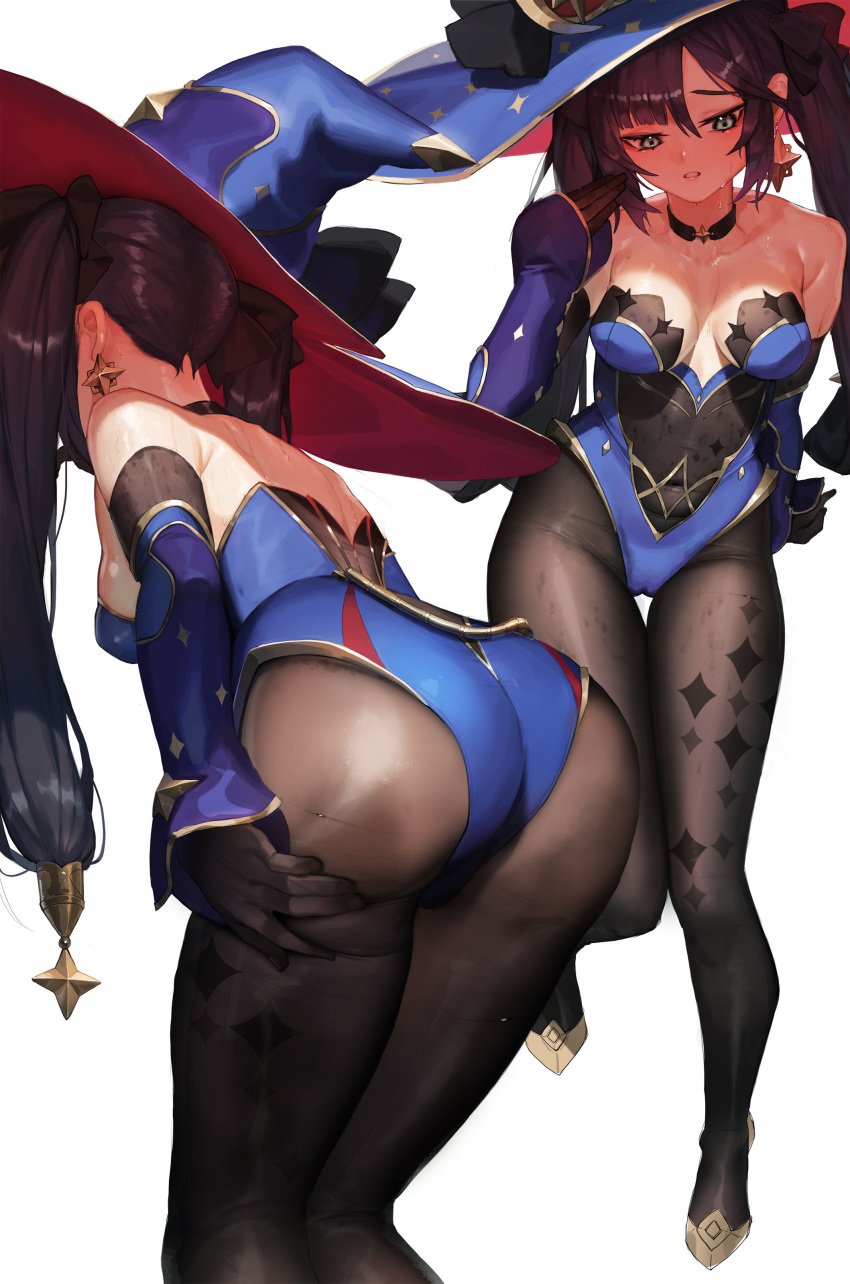 absurdres ass bangs bare_shoulders black_choker black_gloves black_legwear blush breasts cameltoe choker cleavage female genshin_impact gloves hair_ribbon hat high_heels highres leotard long_hair looking_at_viewer looking_back medium_breasts mona_(genshin_impact) multiple_views pantyhose parted_lips print_legwear ribbon shiny shiny_skin simple_background standing sweat teeth tunamayo_(dsasd751) twintails white_background witch_hat