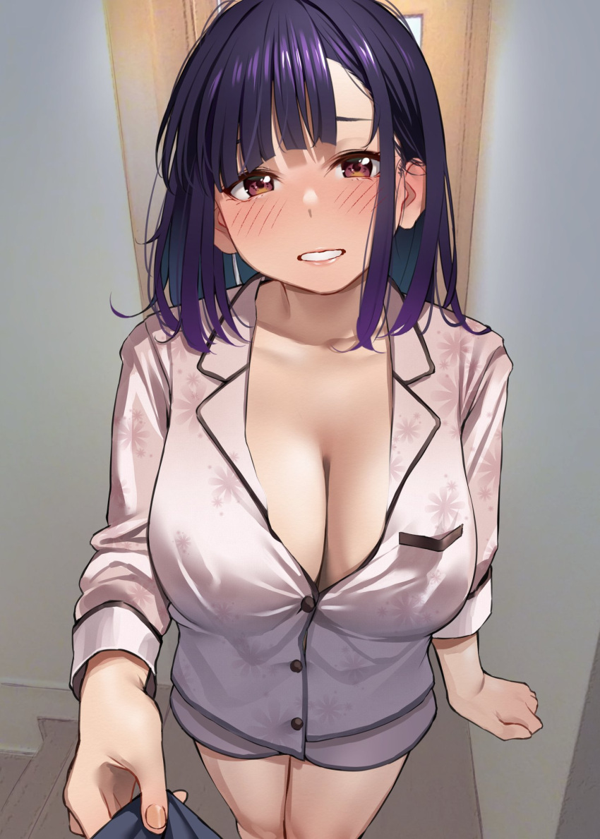 1boy 1girls bangs big_breasts blush breasts brown_eyes cleavage female female_focus highres igarashi_kyouhei indoors inviting light-skinned_female light_skin looking_at_viewer male original pajamas purple_hair siblings sister