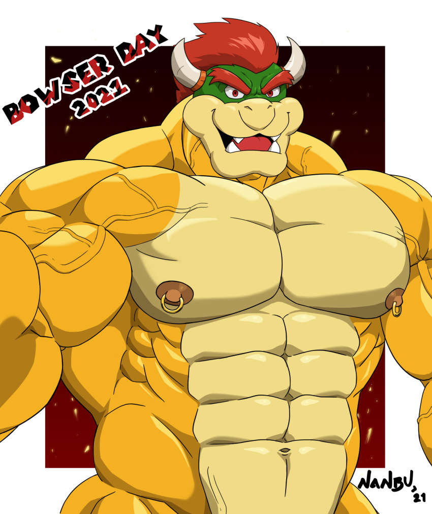 2021 abs anthro bara barazoku biceps big_muscles black_background border bowser bowser_day dated english_text eyebrows gradient_background hair hi_res horn huge_muscles koopa looking_at_viewer male male_only mario_(series) muscular muscular_anthro muscular_male nanbuskhan navel nintendo nipple_piercing nipple_ring nipples nude obliques open_mouth open_smile pecs piercing red_background scalie signature simple_background smile solo standing text vein veiny_muscles video_games white_border