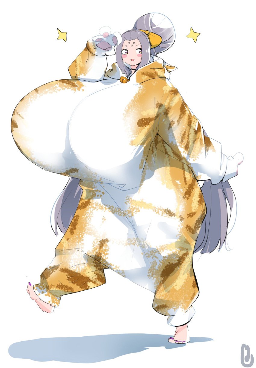 1girls 2021 breasts costume female female_focus gigantic_breasts grey_hair huge_breasts hyper hyper_breasts long_hair moimoikha nail_polish onesie purple_nail_polish purple_nails simple_background solo solo_female solo_focus top_heavy venai_(momoikha) white_background yellow_eyes