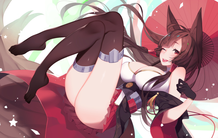 1girls akagi_(azur_lane) animal_ears azur_lane breasts brown_hair crossed_legs ear large_breasts leggings legs looking_at_viewer nanoless skirt solo tagme thighhighs thighs