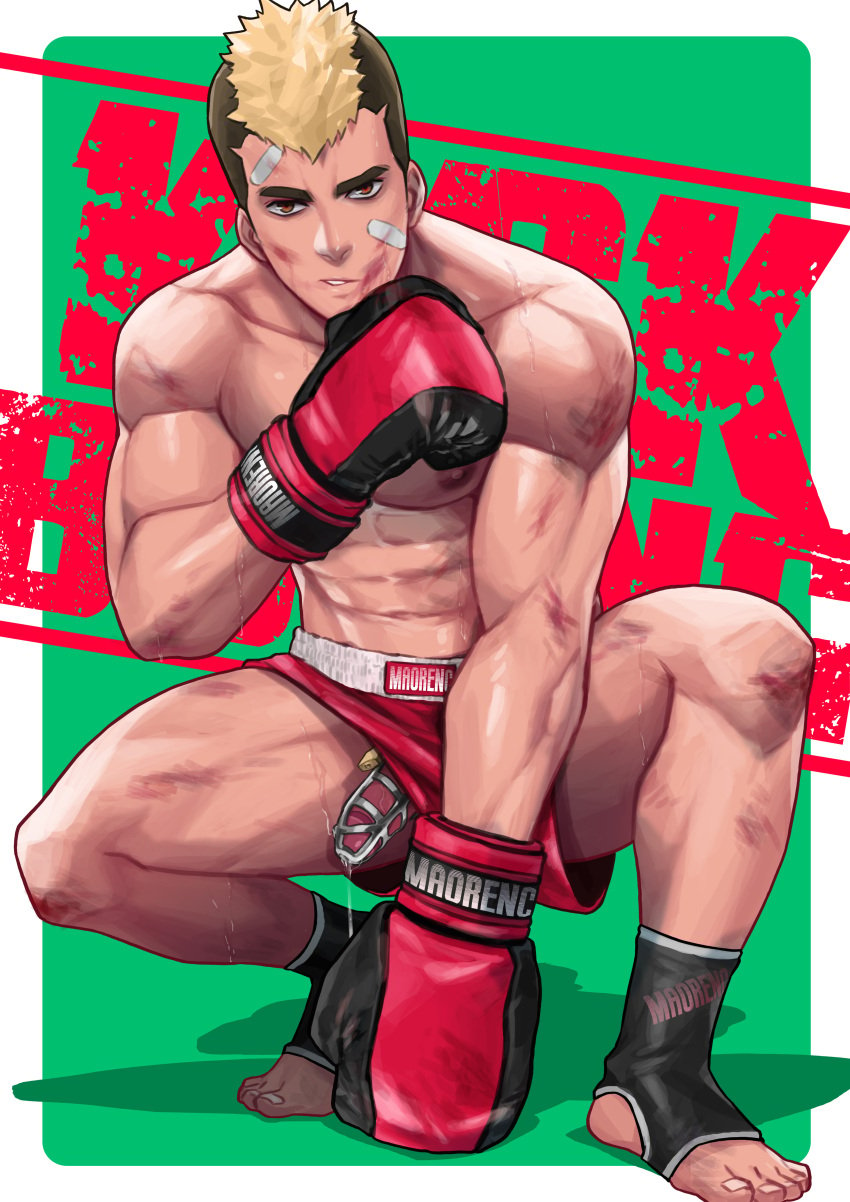 1boy amber_eyes bandaids blonde_hair boxing_gloves boxing_shorts bruised chastity chastity_cage chastity_device kick_boxing male male_only maorenc solo sportswear sweat