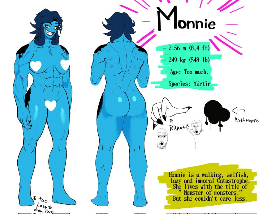 1girls ass big_breasts blue_skin breasts character_profile cinkoji description english_text female female_only humanoid measurements monnie_(cinkoji) monster_girl muscular muscular_female nude oc original_character sharp_teeth solo standing text thick_thighs