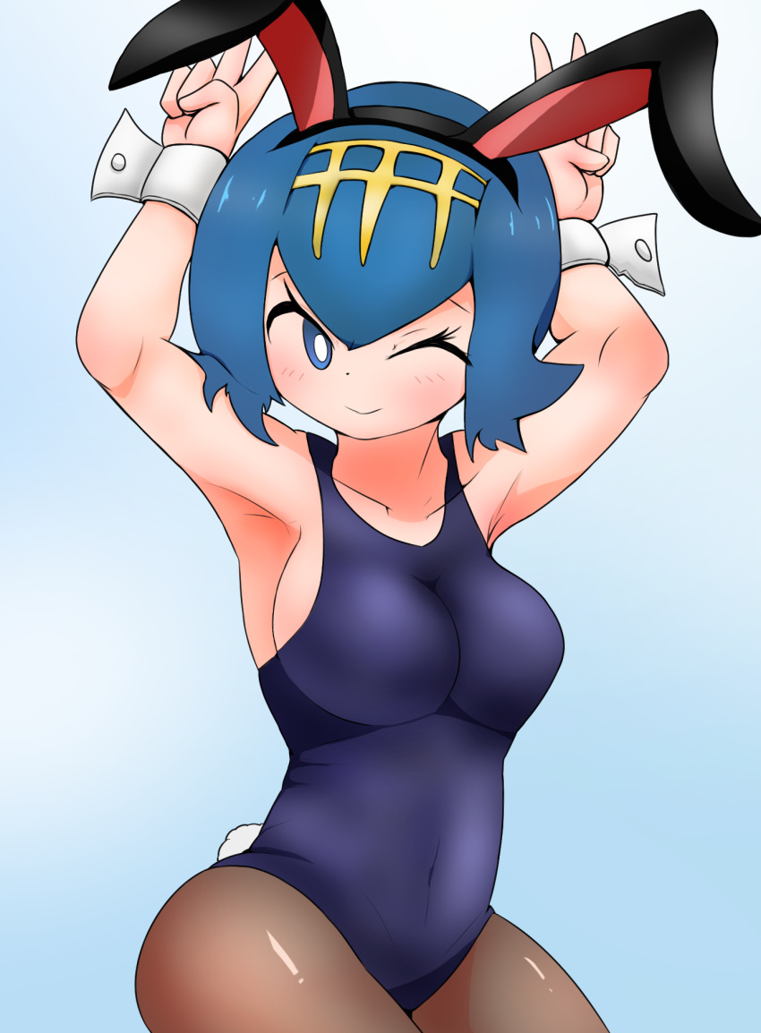 1girls aged_up armpits big_breasts blue_eyes blue_hair breasts bunny_ears bunny_tail bunnysuit female lana_(pokemon) leotard mob_face nintendo pantyhose pokemon pokemon_sm ranfe short_hair thick_thighs thighs