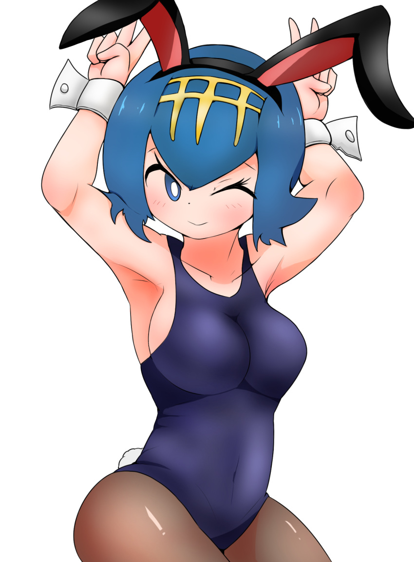 1girls aged_up armpits big_breasts blue_eyes blue_hair breasts bunny_ears bunny_tail bunnysuit female lana_(pokemon) leotard mob_face nintendo pantyhose pokemon pokemon_sm ranfe short_hair thick_thighs thighs white_background