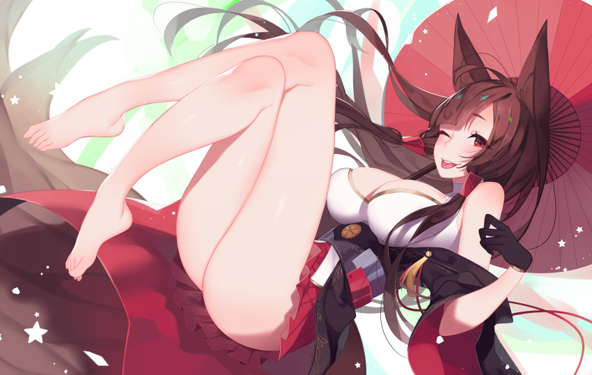 1girls akagi_(azur_lane) animal_ears azur_lane barefoot breasts brown_hair crossed_legs ear feet leggings legs looking_at_viewer nanoless skirt solo tagme thighs